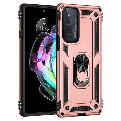 Silikon Hülle Handyhülle und Kunststoff Schutzhülle Hartschalen Tasche mit Magnetisch Fingerring Ständer S01 für Motorola Moto Edge 20 5G Rosegold