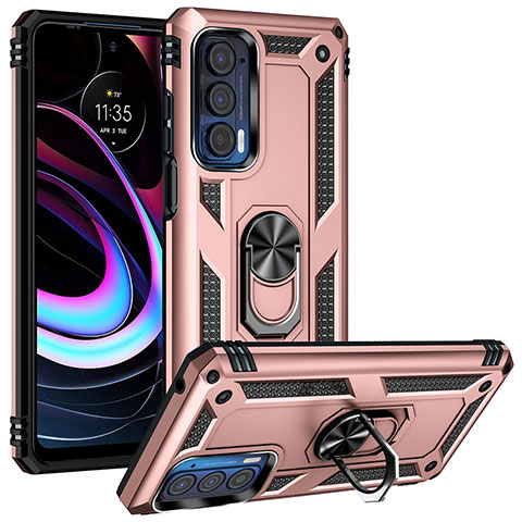 Silikon Hülle Handyhülle und Kunststoff Schutzhülle Hartschalen Tasche mit Magnetisch Fingerring Ständer S01 für Motorola Moto Edge (2021) 5G Rosegold