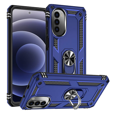 Silikon Hülle Handyhülle und Kunststoff Schutzhülle Hartschalen Tasche mit Magnetisch Fingerring Ständer S01 für Motorola Moto Edge (2022) 5G Blau