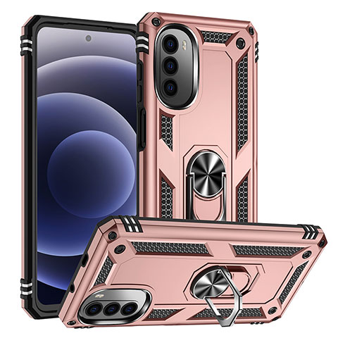 Silikon Hülle Handyhülle und Kunststoff Schutzhülle Hartschalen Tasche mit Magnetisch Fingerring Ständer S01 für Motorola Moto Edge (2022) 5G Rosegold