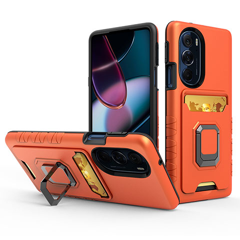 Silikon Hülle Handyhülle und Kunststoff Schutzhülle Hartschalen Tasche mit Magnetisch Fingerring Ständer S01 für Motorola Moto Edge Plus (2022) 5G Orange