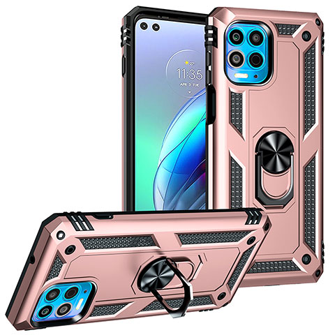 Silikon Hülle Handyhülle und Kunststoff Schutzhülle Hartschalen Tasche mit Magnetisch Fingerring Ständer S01 für Motorola Moto Edge S 5G Rosegold