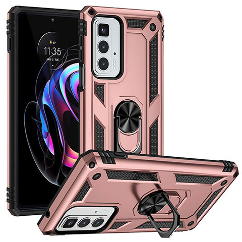 Silikon Hülle Handyhülle und Kunststoff Schutzhülle Hartschalen Tasche mit Magnetisch Fingerring Ständer S01 für Motorola Moto Edge S Pro 5G Rosegold