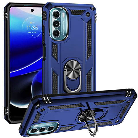 Silikon Hülle Handyhülle und Kunststoff Schutzhülle Hartschalen Tasche mit Magnetisch Fingerring Ständer S01 für Motorola Moto G 5G (2022) Blau