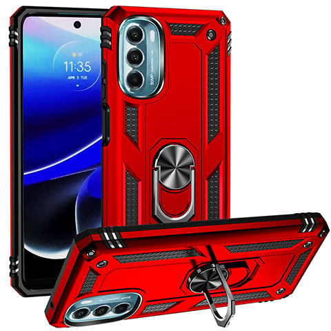 Silikon Hülle Handyhülle und Kunststoff Schutzhülle Hartschalen Tasche mit Magnetisch Fingerring Ständer S01 für Motorola Moto G 5G (2022) Rot