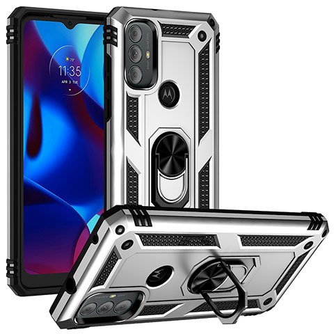 Silikon Hülle Handyhülle und Kunststoff Schutzhülle Hartschalen Tasche mit Magnetisch Fingerring Ständer S01 für Motorola Moto G Play (2023) Silber