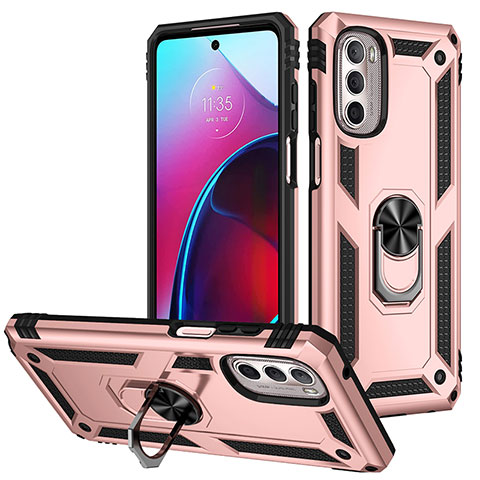 Silikon Hülle Handyhülle und Kunststoff Schutzhülle Hartschalen Tasche mit Magnetisch Fingerring Ständer S01 für Motorola Moto G Stylus (2022) 5G Rosegold