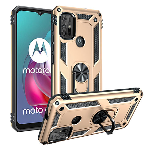 Silikon Hülle Handyhülle und Kunststoff Schutzhülle Hartschalen Tasche mit Magnetisch Fingerring Ständer S01 für Motorola Moto G10 Gold