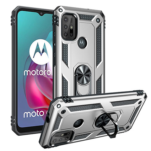 Silikon Hülle Handyhülle und Kunststoff Schutzhülle Hartschalen Tasche mit Magnetisch Fingerring Ständer S01 für Motorola Moto G10 Silber