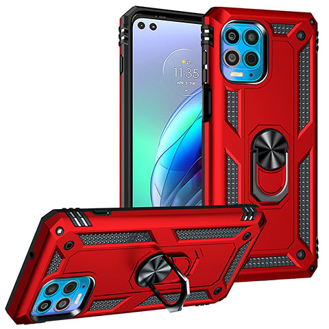 Silikon Hülle Handyhülle und Kunststoff Schutzhülle Hartschalen Tasche mit Magnetisch Fingerring Ständer S01 für Motorola Moto G100 5G Rot