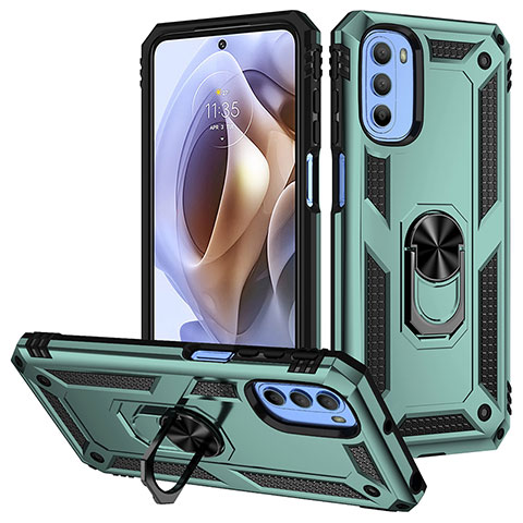 Silikon Hülle Handyhülle und Kunststoff Schutzhülle Hartschalen Tasche mit Magnetisch Fingerring Ständer S01 für Motorola Moto G31 Grün