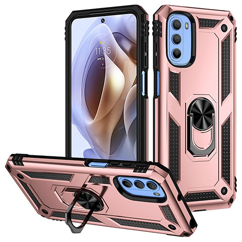 Silikon Hülle Handyhülle und Kunststoff Schutzhülle Hartschalen Tasche mit Magnetisch Fingerring Ständer S01 für Motorola Moto G41 Rosegold