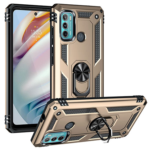 Silikon Hülle Handyhülle und Kunststoff Schutzhülle Hartschalen Tasche mit Magnetisch Fingerring Ständer S01 für Motorola Moto G60 Gold