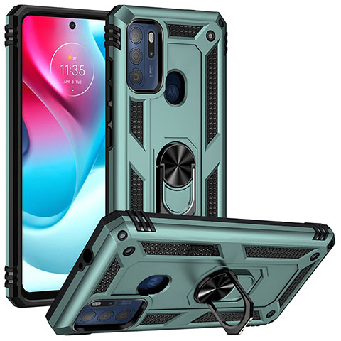 Silikon Hülle Handyhülle und Kunststoff Schutzhülle Hartschalen Tasche mit Magnetisch Fingerring Ständer S01 für Motorola Moto G60s Grün