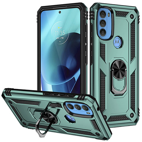 Silikon Hülle Handyhülle und Kunststoff Schutzhülle Hartschalen Tasche mit Magnetisch Fingerring Ständer S01 für Motorola Moto G71 5G Grün