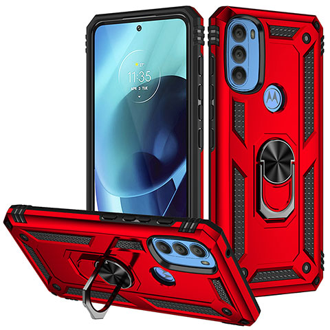 Silikon Hülle Handyhülle und Kunststoff Schutzhülle Hartschalen Tasche mit Magnetisch Fingerring Ständer S01 für Motorola Moto G71 5G Rot