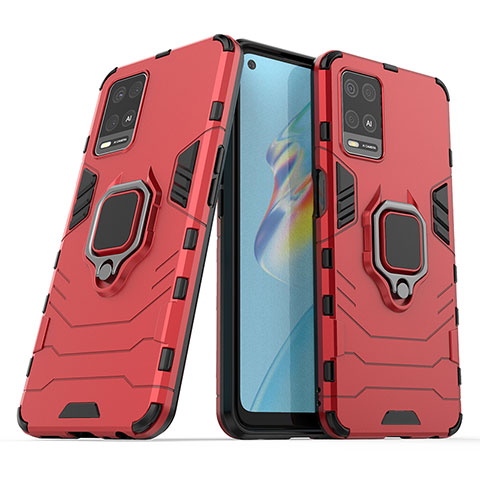 Silikon Hülle Handyhülle und Kunststoff Schutzhülle Hartschalen Tasche mit Magnetisch Fingerring Ständer S01 für Oppo A54 4G Rot