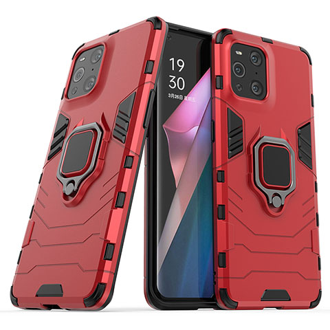 Silikon Hülle Handyhülle und Kunststoff Schutzhülle Hartschalen Tasche mit Magnetisch Fingerring Ständer S01 für Oppo Find X3 Pro 5G Rot