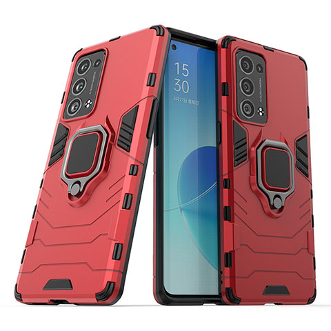 Silikon Hülle Handyhülle und Kunststoff Schutzhülle Hartschalen Tasche mit Magnetisch Fingerring Ständer S01 für Oppo Reno6 Pro+ Plus 5G Rot