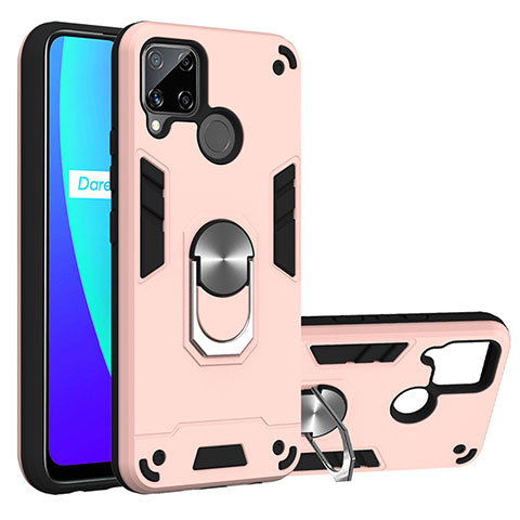 Silikon Hülle Handyhülle und Kunststoff Schutzhülle Hartschalen Tasche mit Magnetisch Fingerring Ständer S01 für Realme C15 Rosa