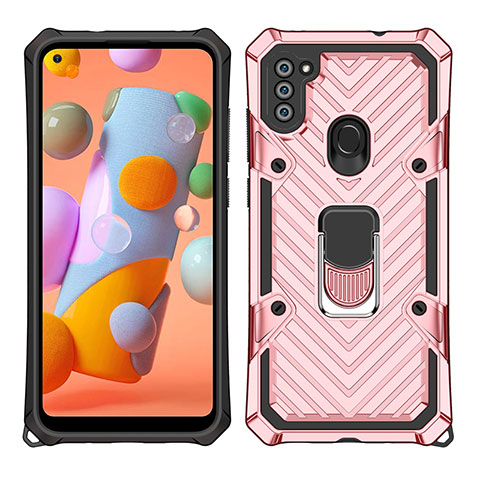 Silikon Hülle Handyhülle und Kunststoff Schutzhülle Hartschalen Tasche mit Magnetisch Fingerring Ständer S01 für Samsung Galaxy A11 Rosegold