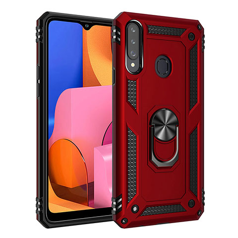 Silikon Hülle Handyhülle und Kunststoff Schutzhülle Hartschalen Tasche mit Magnetisch Fingerring Ständer S01 für Samsung Galaxy A20s Rot