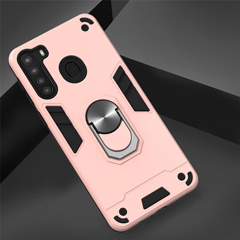 Silikon Hülle Handyhülle und Kunststoff Schutzhülle Hartschalen Tasche mit Magnetisch Fingerring Ständer S01 für Samsung Galaxy A21 Rosegold