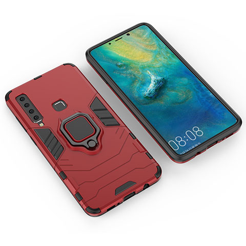 Silikon Hülle Handyhülle und Kunststoff Schutzhülle Hartschalen Tasche mit Magnetisch Fingerring Ständer S01 für Samsung Galaxy A9 (2018) A920 Rot