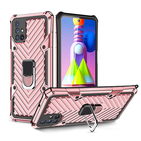 Silikon Hülle Handyhülle und Kunststoff Schutzhülle Hartschalen Tasche mit Magnetisch Fingerring Ständer S01 für Samsung Galaxy M51 Rosegold