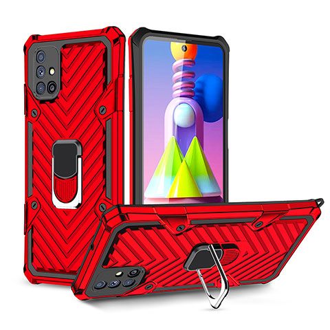 Silikon Hülle Handyhülle und Kunststoff Schutzhülle Hartschalen Tasche mit Magnetisch Fingerring Ständer S01 für Samsung Galaxy M51 Rot