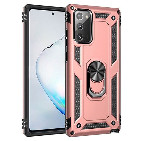 Silikon Hülle Handyhülle und Kunststoff Schutzhülle Hartschalen Tasche mit Magnetisch Fingerring Ständer S01 für Samsung Galaxy Note 20 5G Rosegold