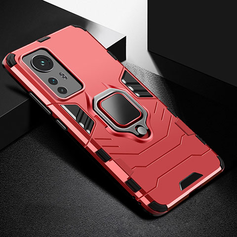 Silikon Hülle Handyhülle und Kunststoff Schutzhülle Hartschalen Tasche mit Magnetisch Fingerring Ständer S01 für Xiaomi Mi 12 5G Rot