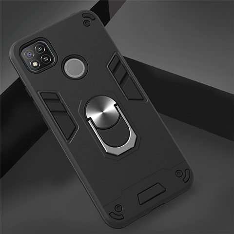 Silikon Hülle Handyhülle und Kunststoff Schutzhülle Hartschalen Tasche mit Magnetisch Fingerring Ständer S01 für Xiaomi Redmi 9C Schwarz