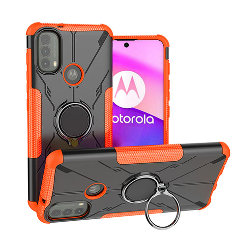 Silikon Hülle Handyhülle und Kunststoff Schutzhülle Hartschalen Tasche mit Magnetisch Fingerring Ständer S02 für Motorola Moto E20 Orange