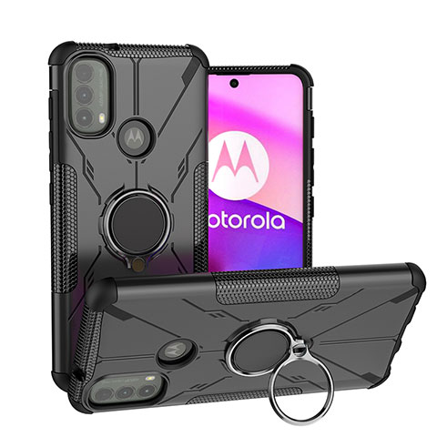 Silikon Hülle Handyhülle und Kunststoff Schutzhülle Hartschalen Tasche mit Magnetisch Fingerring Ständer S02 für Motorola Moto E20 Schwarz