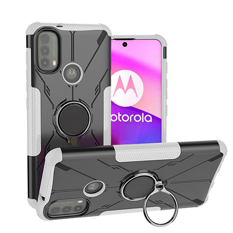 Silikon Hülle Handyhülle und Kunststoff Schutzhülle Hartschalen Tasche mit Magnetisch Fingerring Ständer S02 für Motorola Moto E30 Weiß