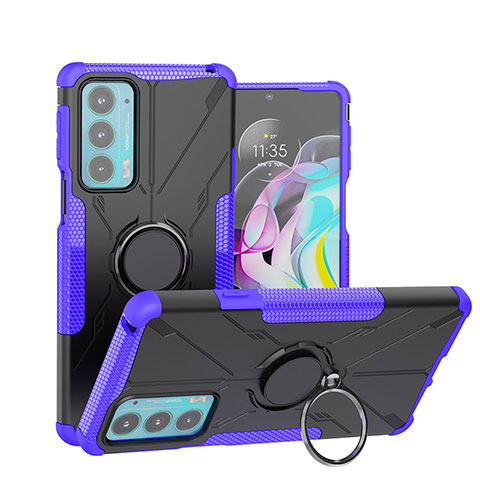 Silikon Hülle Handyhülle und Kunststoff Schutzhülle Hartschalen Tasche mit Magnetisch Fingerring Ständer S02 für Motorola Moto Edge 20 5G Violett