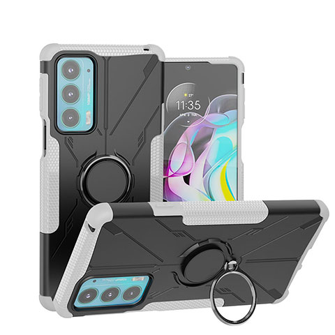 Silikon Hülle Handyhülle und Kunststoff Schutzhülle Hartschalen Tasche mit Magnetisch Fingerring Ständer S02 für Motorola Moto Edge 20 5G Weiß