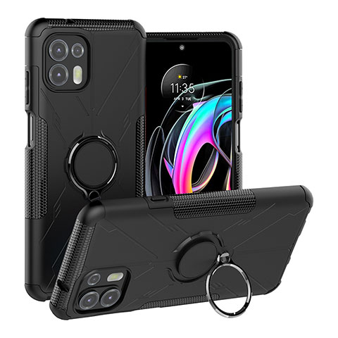 Silikon Hülle Handyhülle und Kunststoff Schutzhülle Hartschalen Tasche mit Magnetisch Fingerring Ständer S02 für Motorola Moto Edge 20 Lite 5G Schwarz