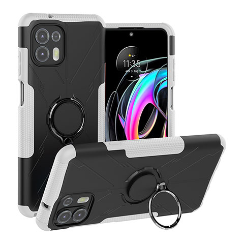 Silikon Hülle Handyhülle und Kunststoff Schutzhülle Hartschalen Tasche mit Magnetisch Fingerring Ständer S02 für Motorola Moto Edge 20 Lite 5G Weiß