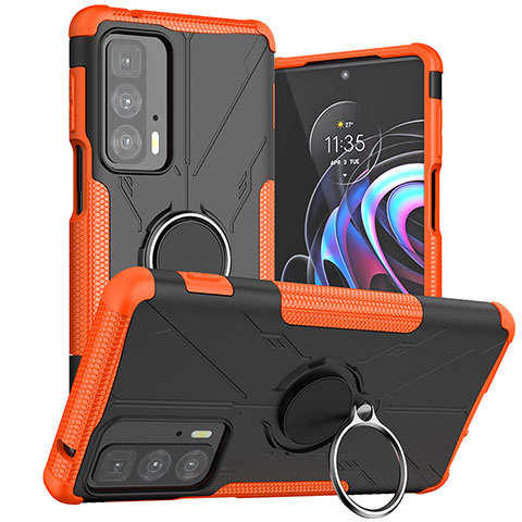 Silikon Hülle Handyhülle und Kunststoff Schutzhülle Hartschalen Tasche mit Magnetisch Fingerring Ständer S02 für Motorola Moto Edge 20 Pro 5G Orange