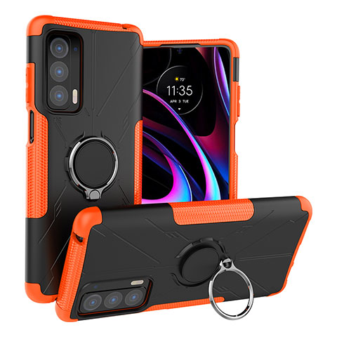 Silikon Hülle Handyhülle und Kunststoff Schutzhülle Hartschalen Tasche mit Magnetisch Fingerring Ständer S02 für Motorola Moto Edge (2021) 5G Orange