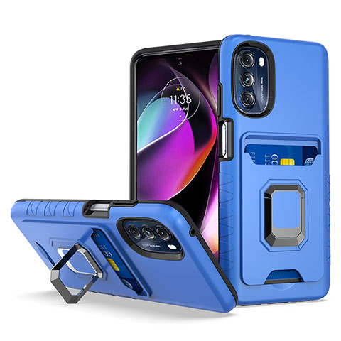 Silikon Hülle Handyhülle und Kunststoff Schutzhülle Hartschalen Tasche mit Magnetisch Fingerring Ständer S02 für Motorola Moto G 5G (2022) Blau