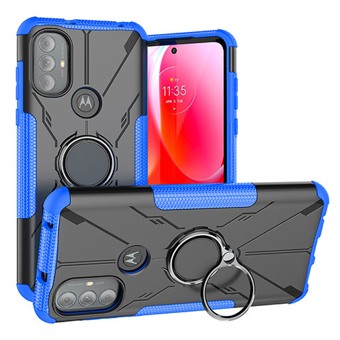 Silikon Hülle Handyhülle und Kunststoff Schutzhülle Hartschalen Tasche mit Magnetisch Fingerring Ständer S02 für Motorola Moto G Play (2023) Blau