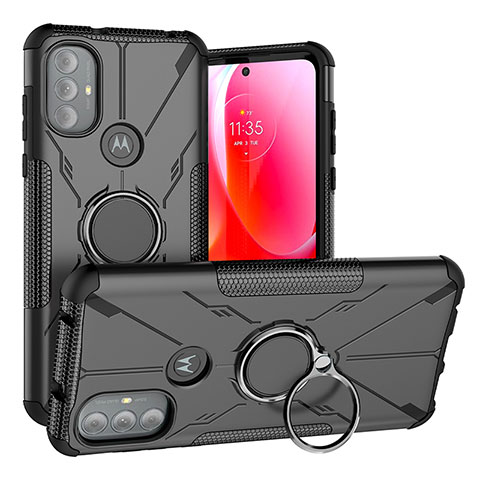 Silikon Hülle Handyhülle und Kunststoff Schutzhülle Hartschalen Tasche mit Magnetisch Fingerring Ständer S02 für Motorola Moto G Power (2022) Schwarz