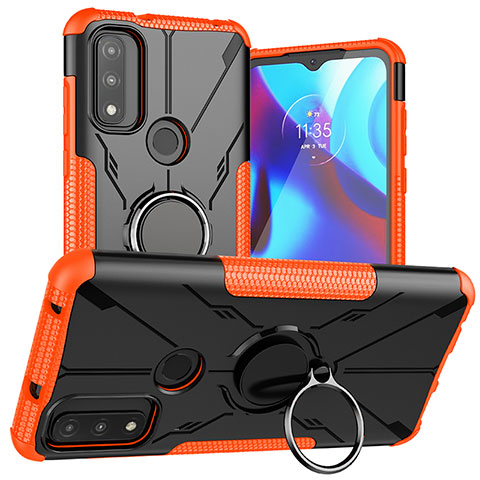 Silikon Hülle Handyhülle und Kunststoff Schutzhülle Hartschalen Tasche mit Magnetisch Fingerring Ständer S02 für Motorola Moto G Pure Orange