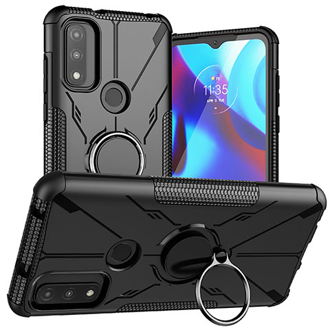 Silikon Hülle Handyhülle und Kunststoff Schutzhülle Hartschalen Tasche mit Magnetisch Fingerring Ständer S02 für Motorola Moto G Pure Schwarz