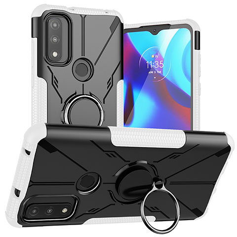 Silikon Hülle Handyhülle und Kunststoff Schutzhülle Hartschalen Tasche mit Magnetisch Fingerring Ständer S02 für Motorola Moto G Pure Weiß