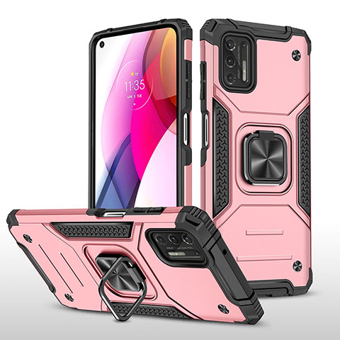 Silikon Hülle Handyhülle und Kunststoff Schutzhülle Hartschalen Tasche mit Magnetisch Fingerring Ständer S02 für Motorola Moto G Stylus (2021) Rosegold