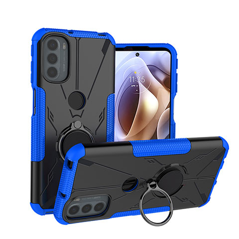 Silikon Hülle Handyhülle und Kunststoff Schutzhülle Hartschalen Tasche mit Magnetisch Fingerring Ständer S02 für Motorola Moto G31 Blau